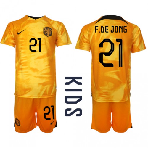 Fotbalové Dres Holandsko Frenkie de Jong #21 Dětské Domácí MS 2022 Krátký Rukáv (+ trenýrky)